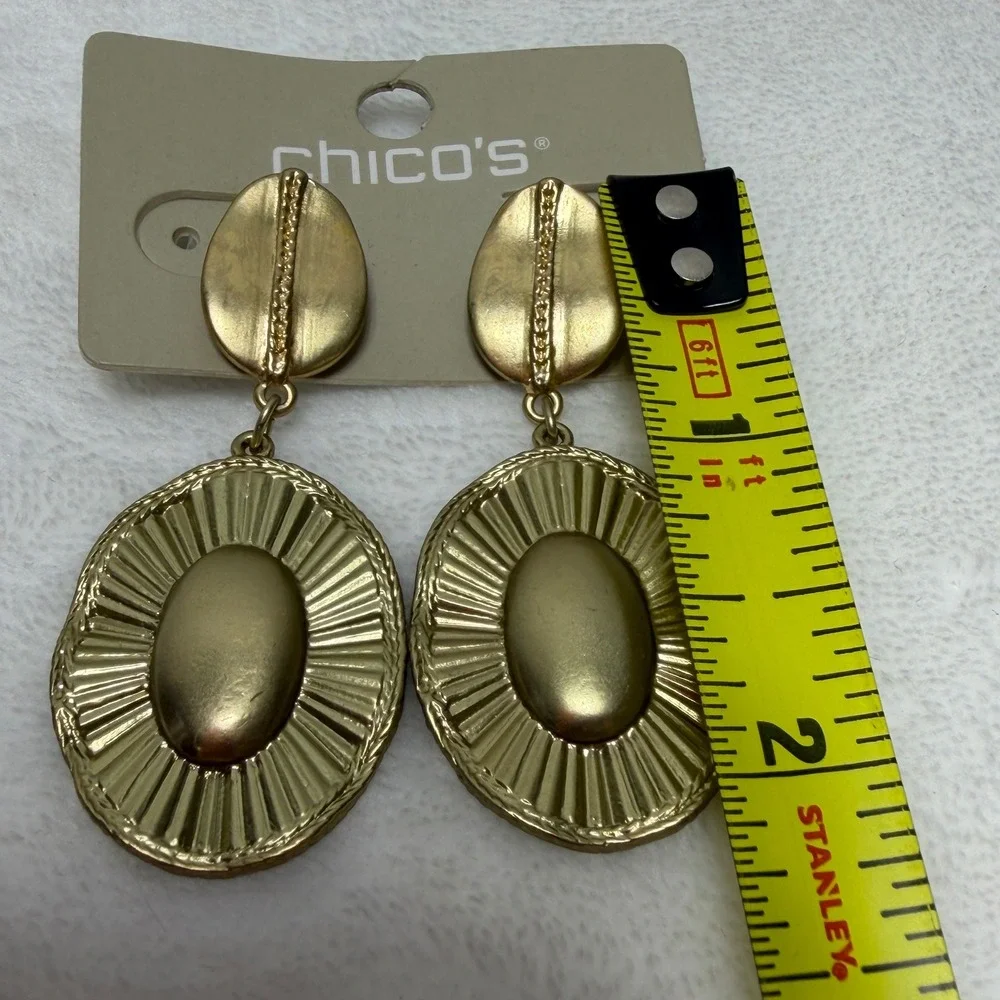 Chico's Matte Gold Tone Oval Sunburst Drop Dangle Statement Earrings Mature NWT‎